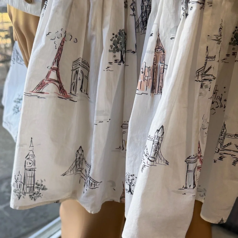 En Saison Travel Print Dress with Puff Sleeves, Tie Waist, Medium - Picture 11 of 13